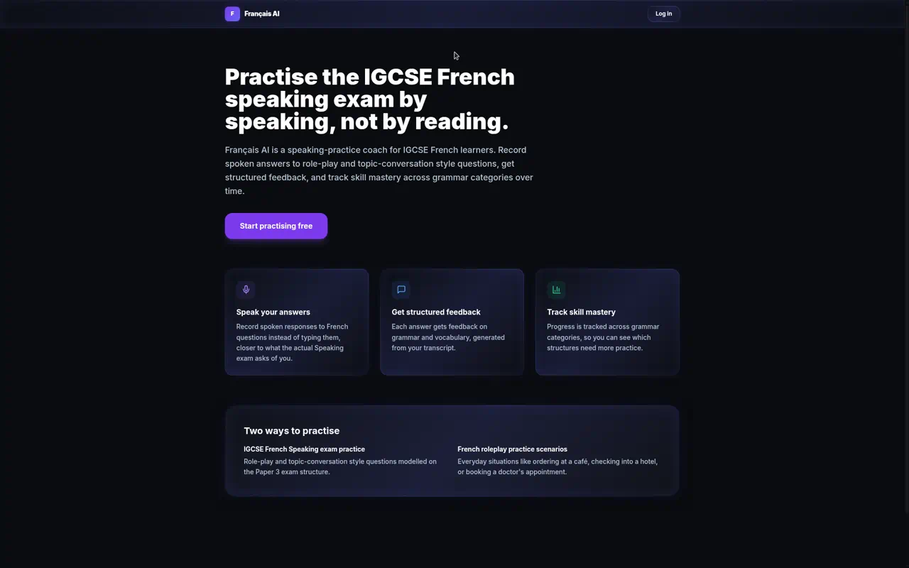 French Coach app homepage showing the headline "Practise the IGCSE French speaking exam by speaking, not by reading"